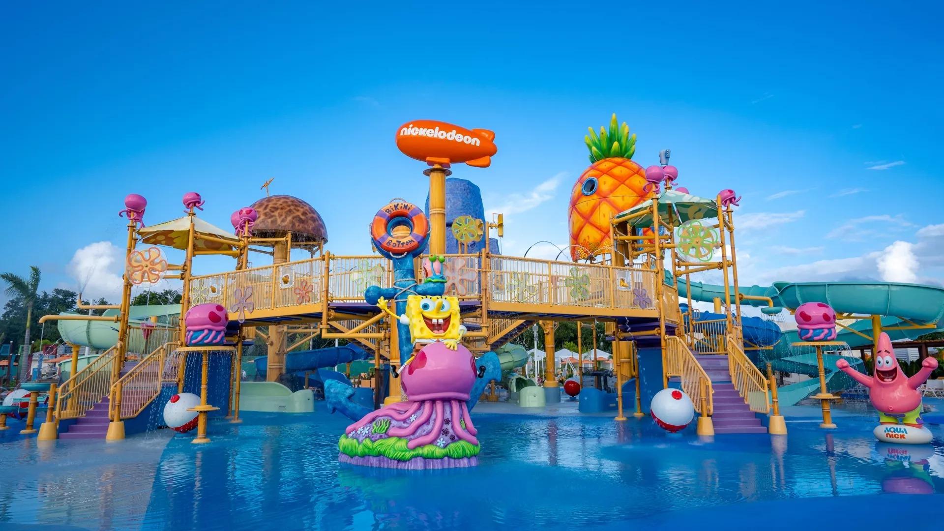Wideshot of Nickelodeon water park with Spongebob characters