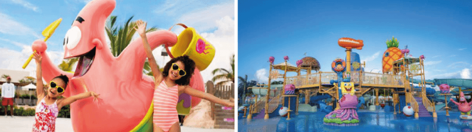 Two images - statue of Patrick Star with children and wideshot of water park