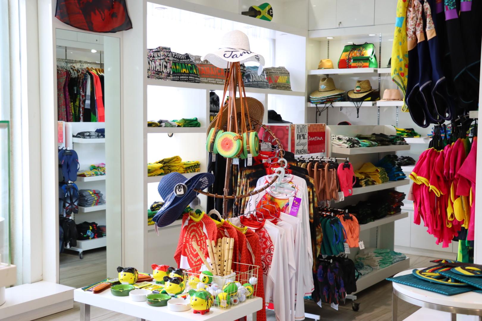 a gift shop displaying Jamaican clothing