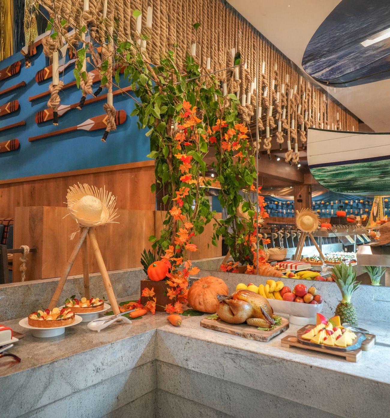 Thanksgiving meal at a restaurant table in Margaritaville