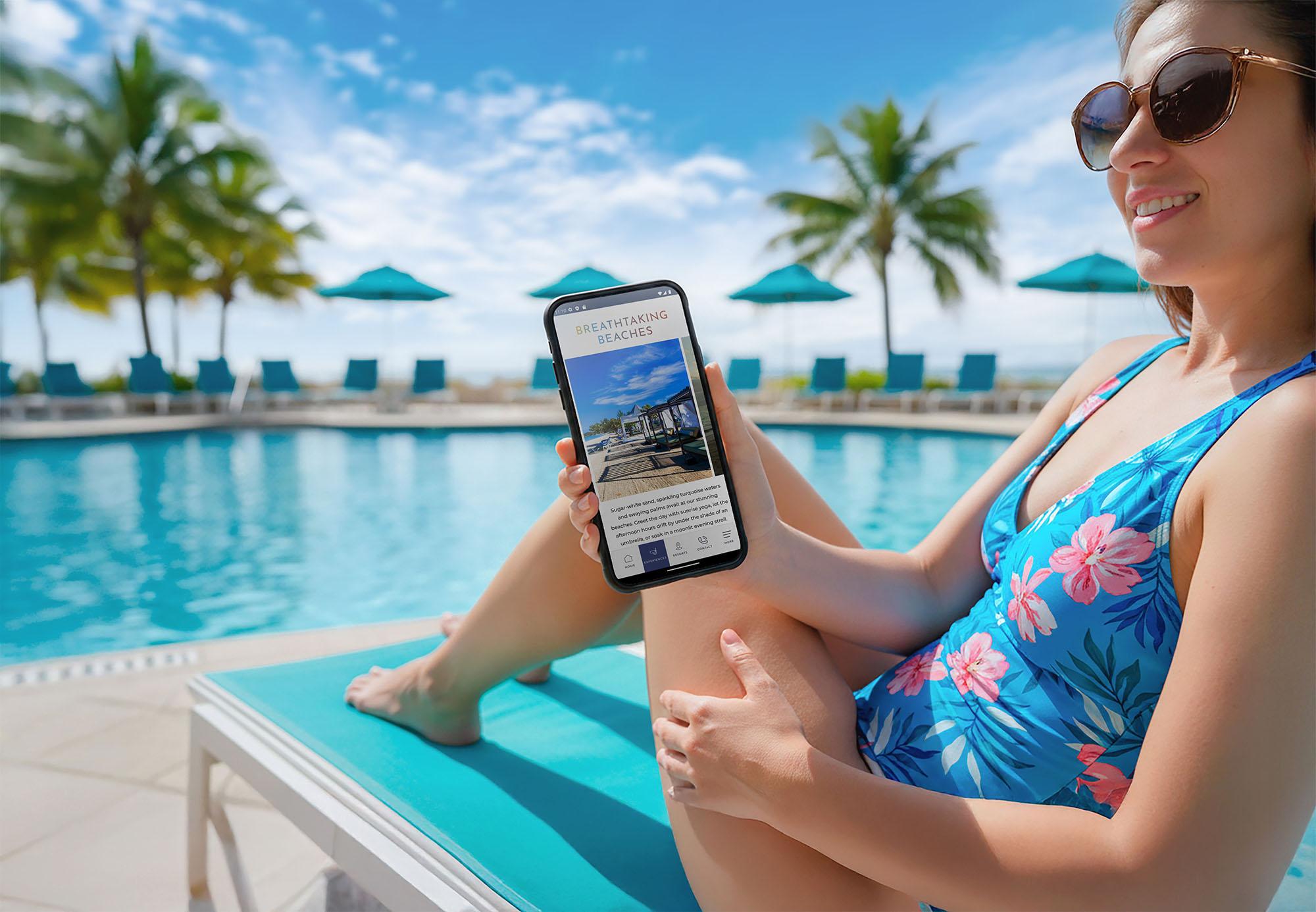 Girl at the pool with phone app