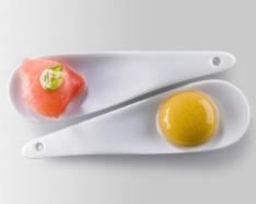 Two gourmet dishes in a spoon like dish.