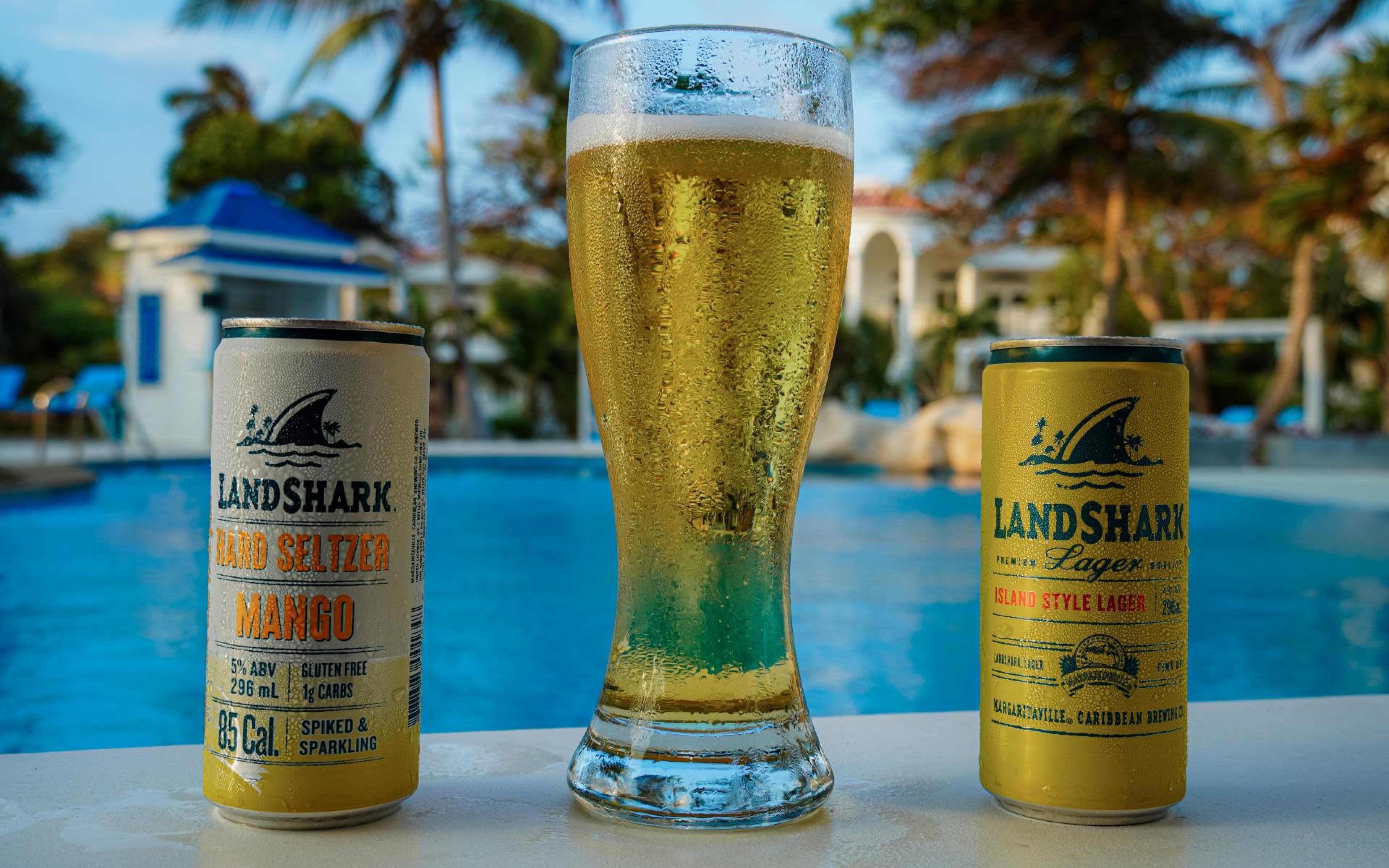 Landshark beer in pool deck
