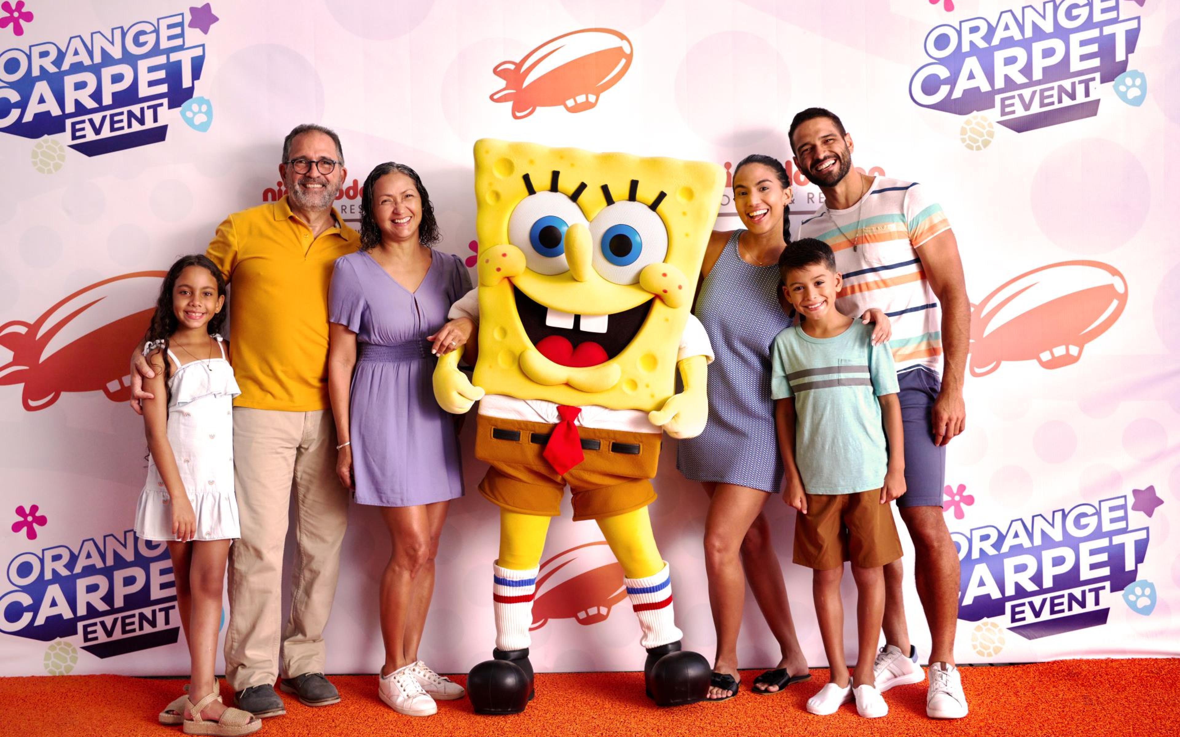 a family with a Sponge Bob character