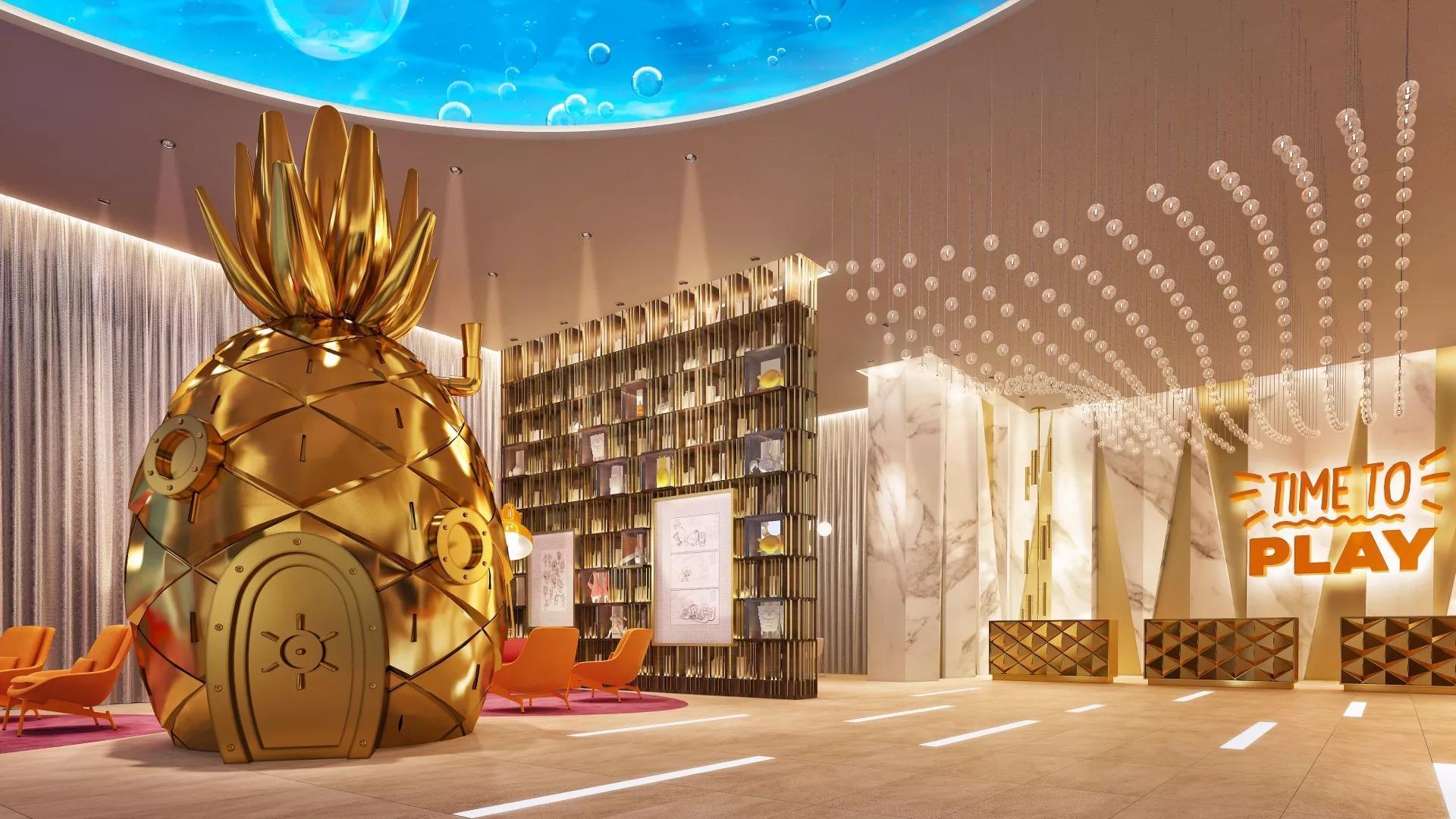 Wide shot of golden pineapple in library